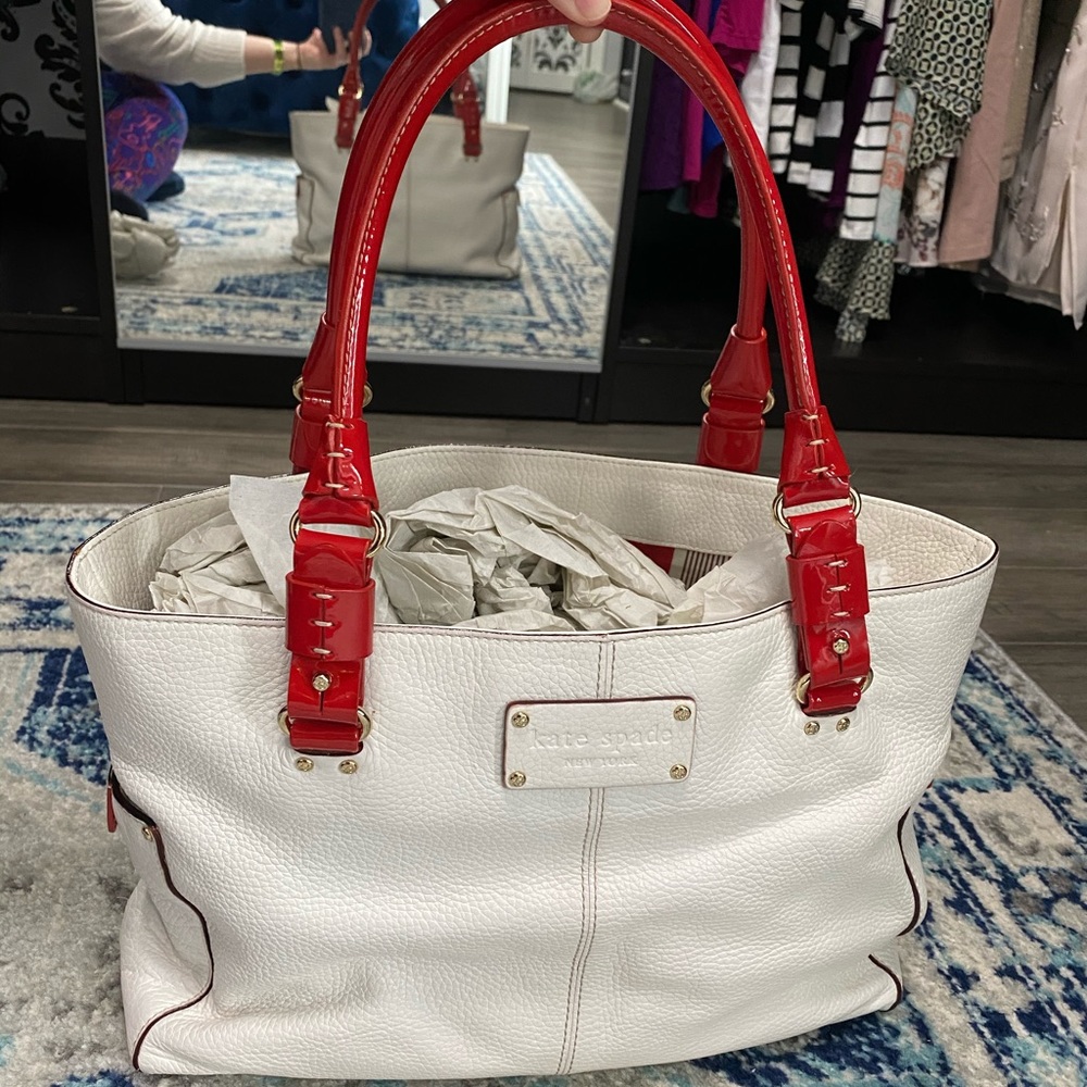 Kate Spade white leather red patent purse